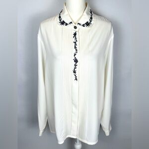 Koret Vintage Blouse Long Sleeves Floral Embroidery Ivory Sz 20 German Austrian